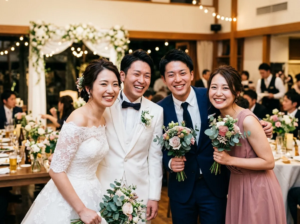 新郎新婦と友人たちの集合写真